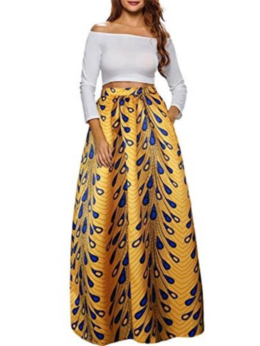 Women’s Yellow Abstract Print Maxi Skirt A-Line Flared Long Skirt with Pockets